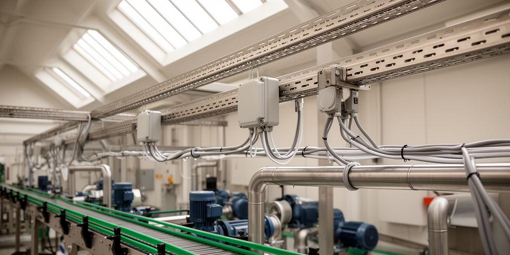 Кабельные лотки и водозащищённые короба над технологической линией