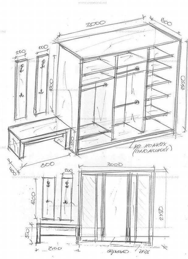 Чертеж шкафа в прихожую с размерами