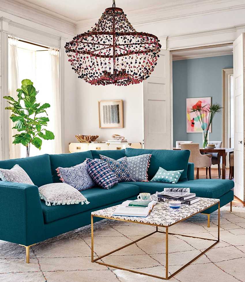 Дизайн и 75 фото бирюзового дивана в интерьере