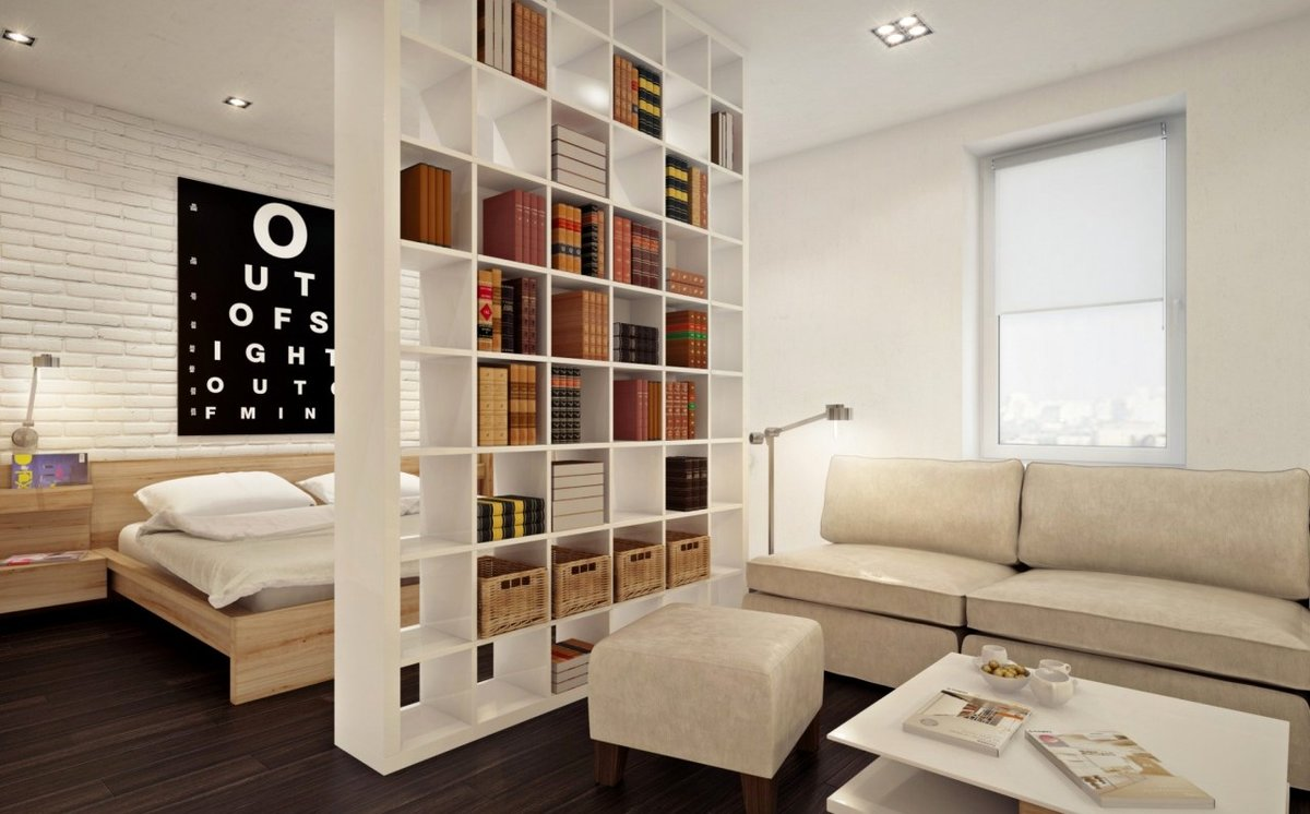 Стеллаж-перегородка для зонирования комнаты: 50+ фото, дизайнерские идеи